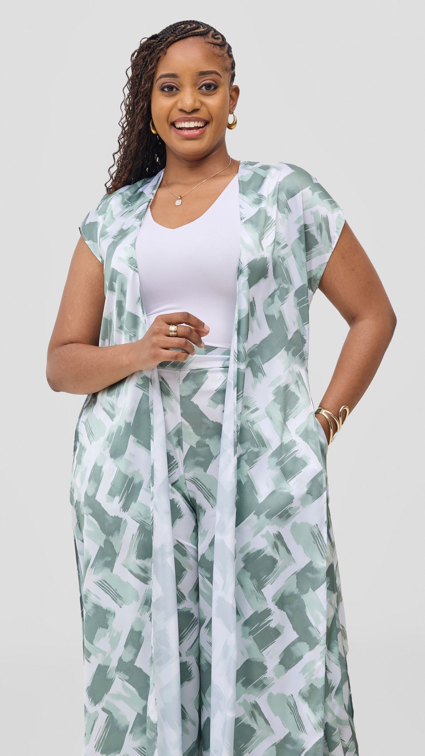 Vivo Chidii Drop Shoulder Kimono - White / Mint Tulu Print