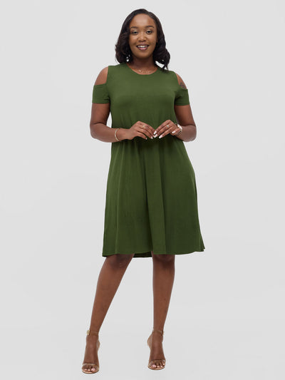Vivo Lamu Knee Length Cold Shoulder Dress - Hunters Green