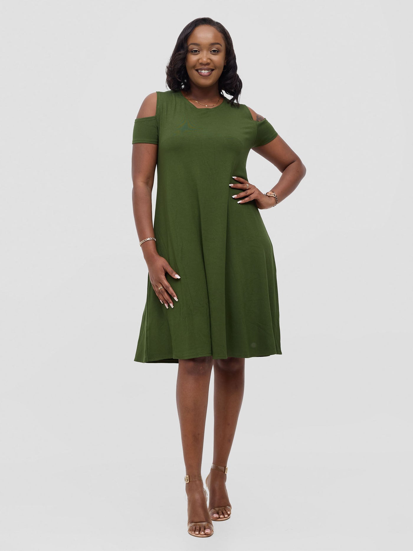 Vivo Lamu Knee Length Cold Shoulder Dress - Hunters Green