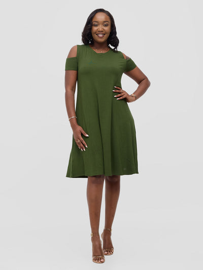 Vivo Lamu Knee Length Cold Shoulder Dress - Hunters Green