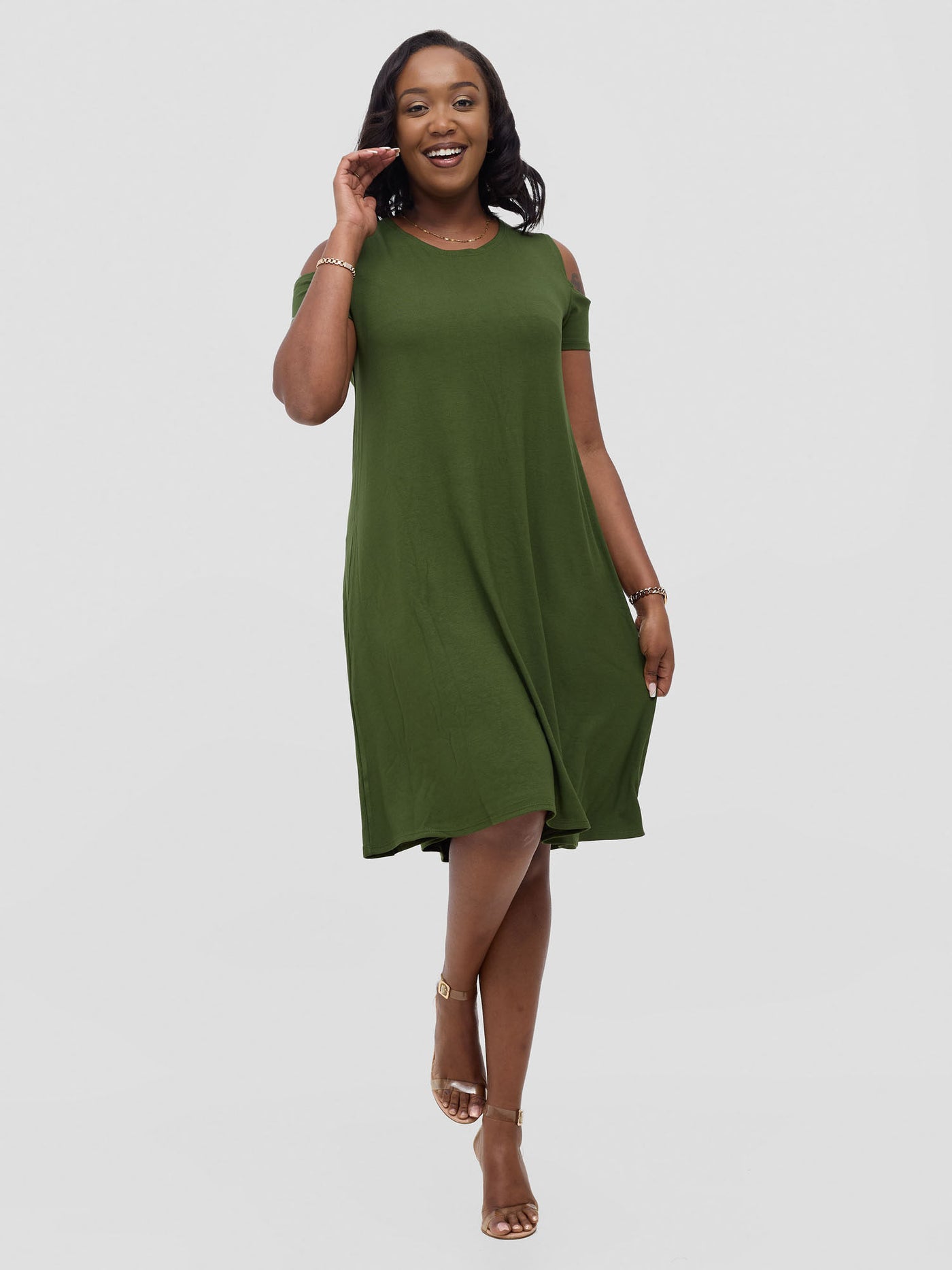 Vivo Lamu Knee Length Cold Shoulder Dress - Hunters Green