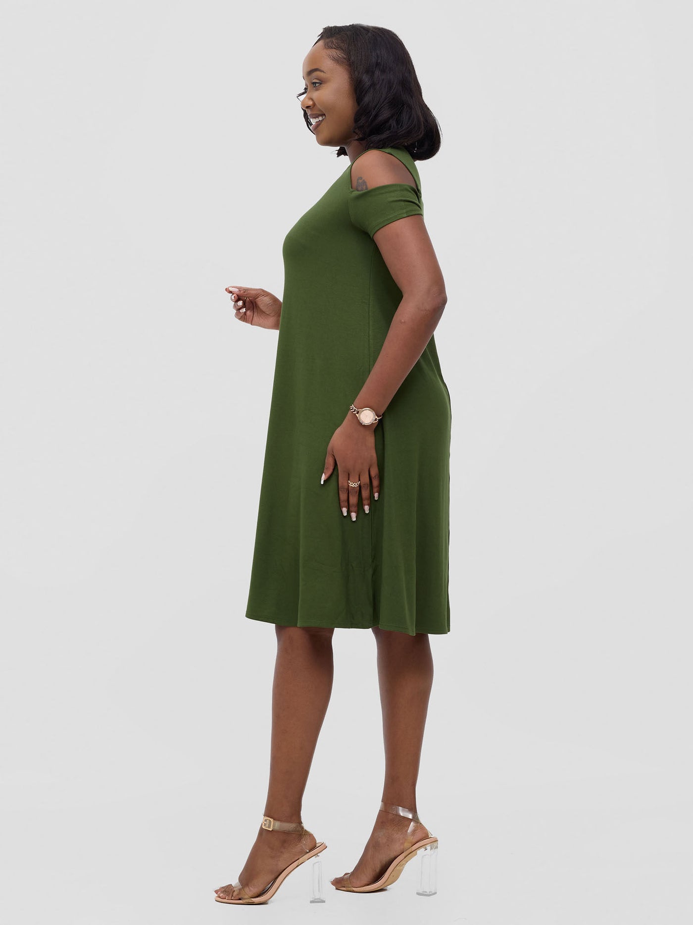 Vivo Lamu Knee Length Cold Shoulder Dress - Hunters Green