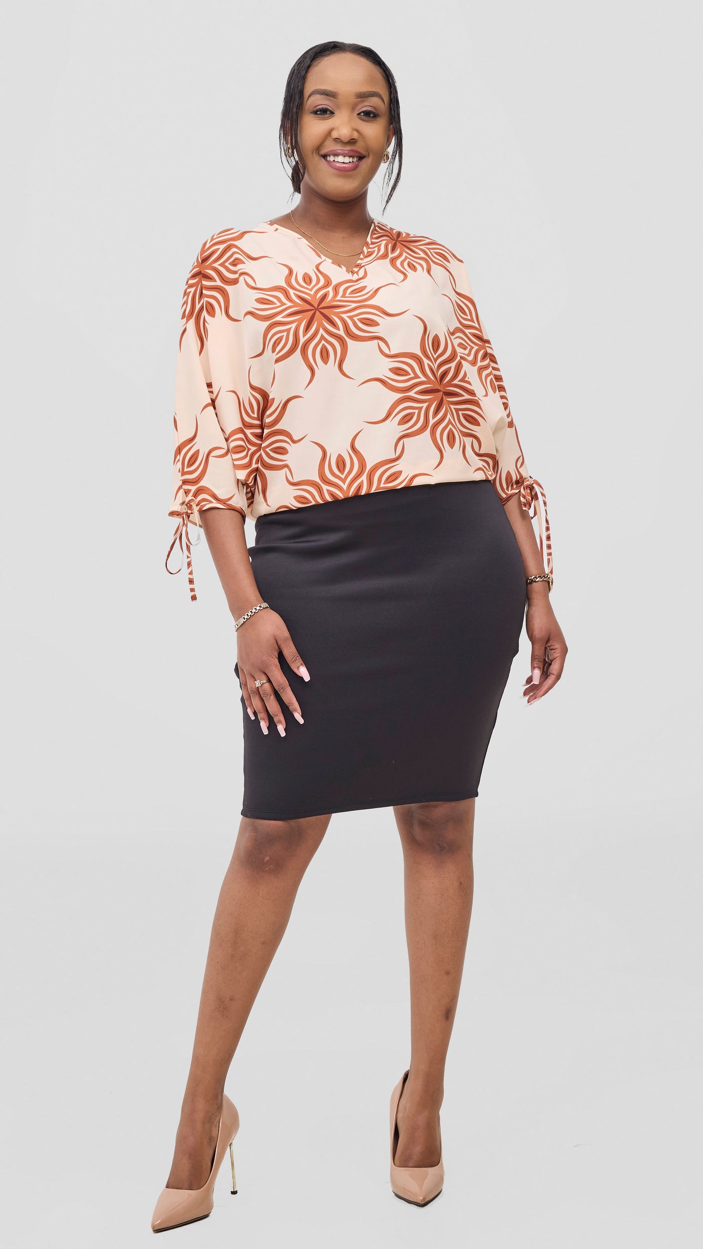 Vivo Sanali Batwing Tie Top - Peach / Tan Print