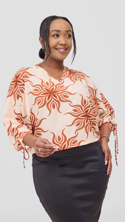 Vivo Sanali Batwing Tie Top - Peach / Tan Print