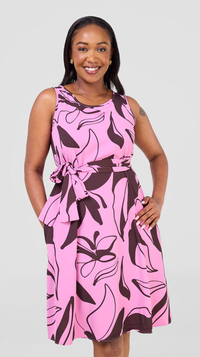 Vivo Basic Sleeveless Tent Dress - Pink / Chocolate Print