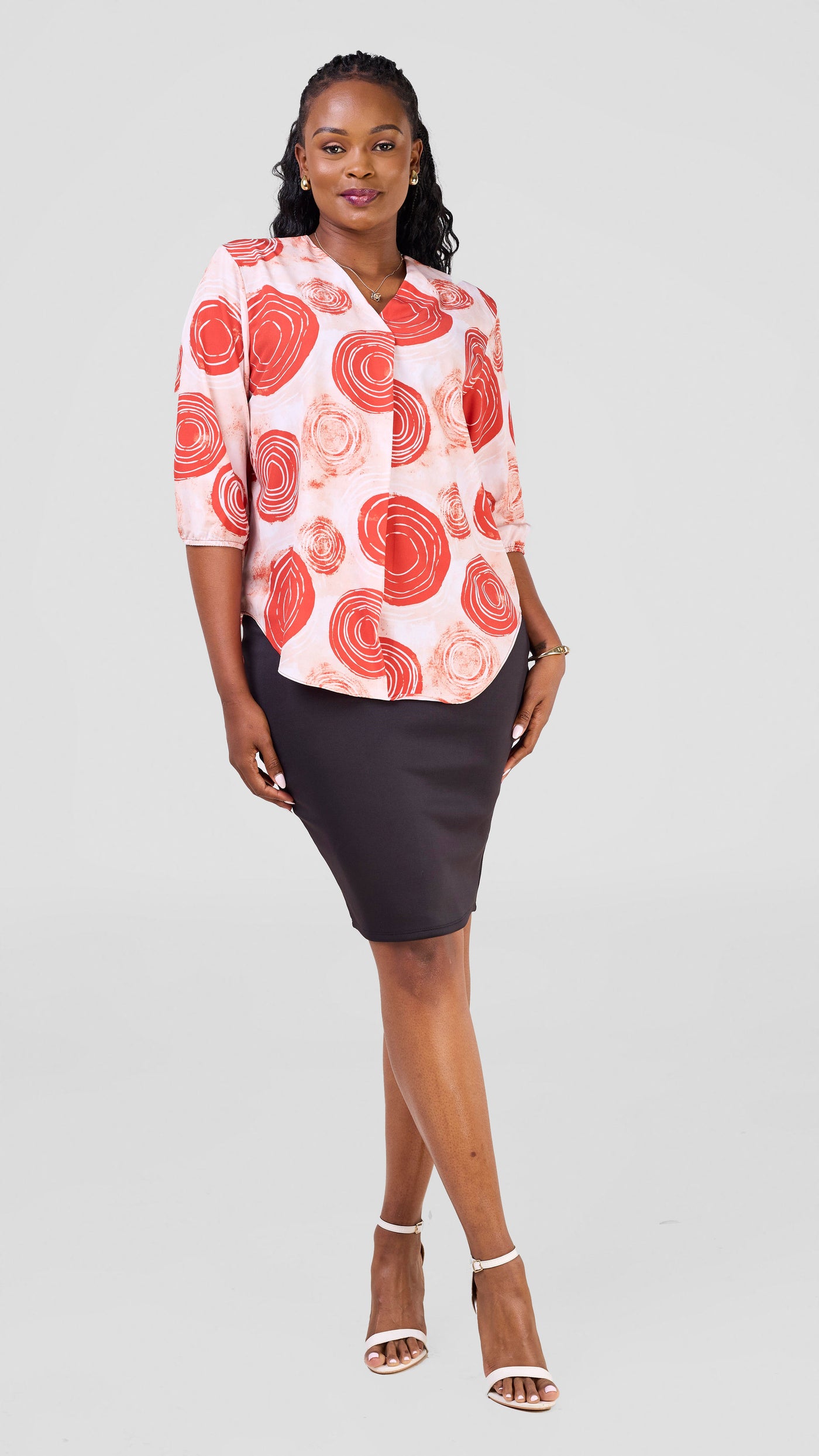 Vivo Dua 3/4 Sleeved V Neck Shirt - Red / Peach