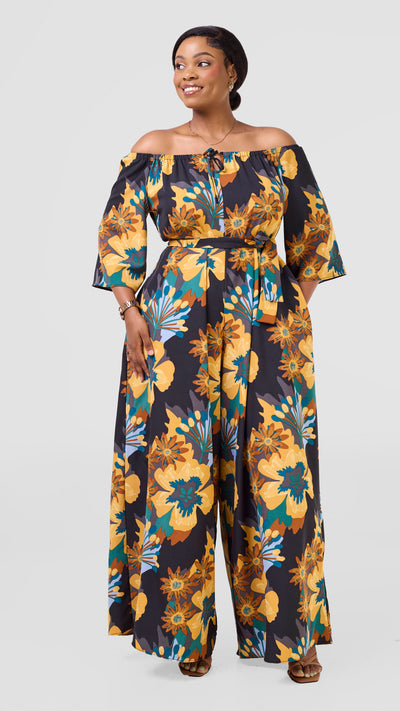 Vivo Zahari 3/4 Sleeve Off-Shoulder Jumpsuit - Teal / Mustard Print