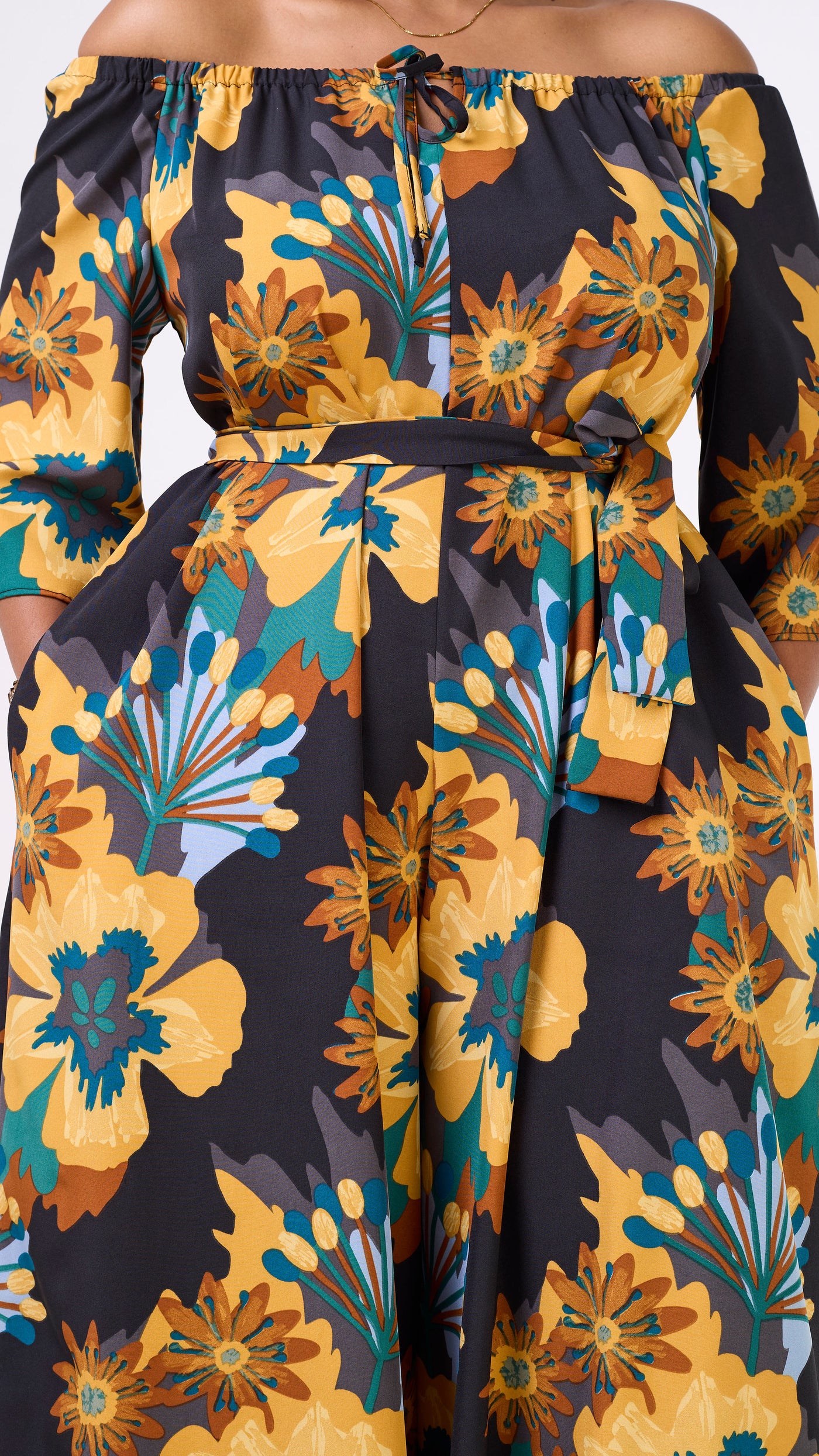 Vivo Zahari 3/4 Sleeve Off-Shoulder Jumpsuit - Teal / Mustard Print