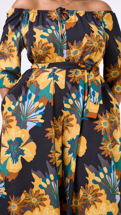Vivo Zahari 3/4 Sleeve Off-Shoulder Jumpsuit - Teal / Mustard Print