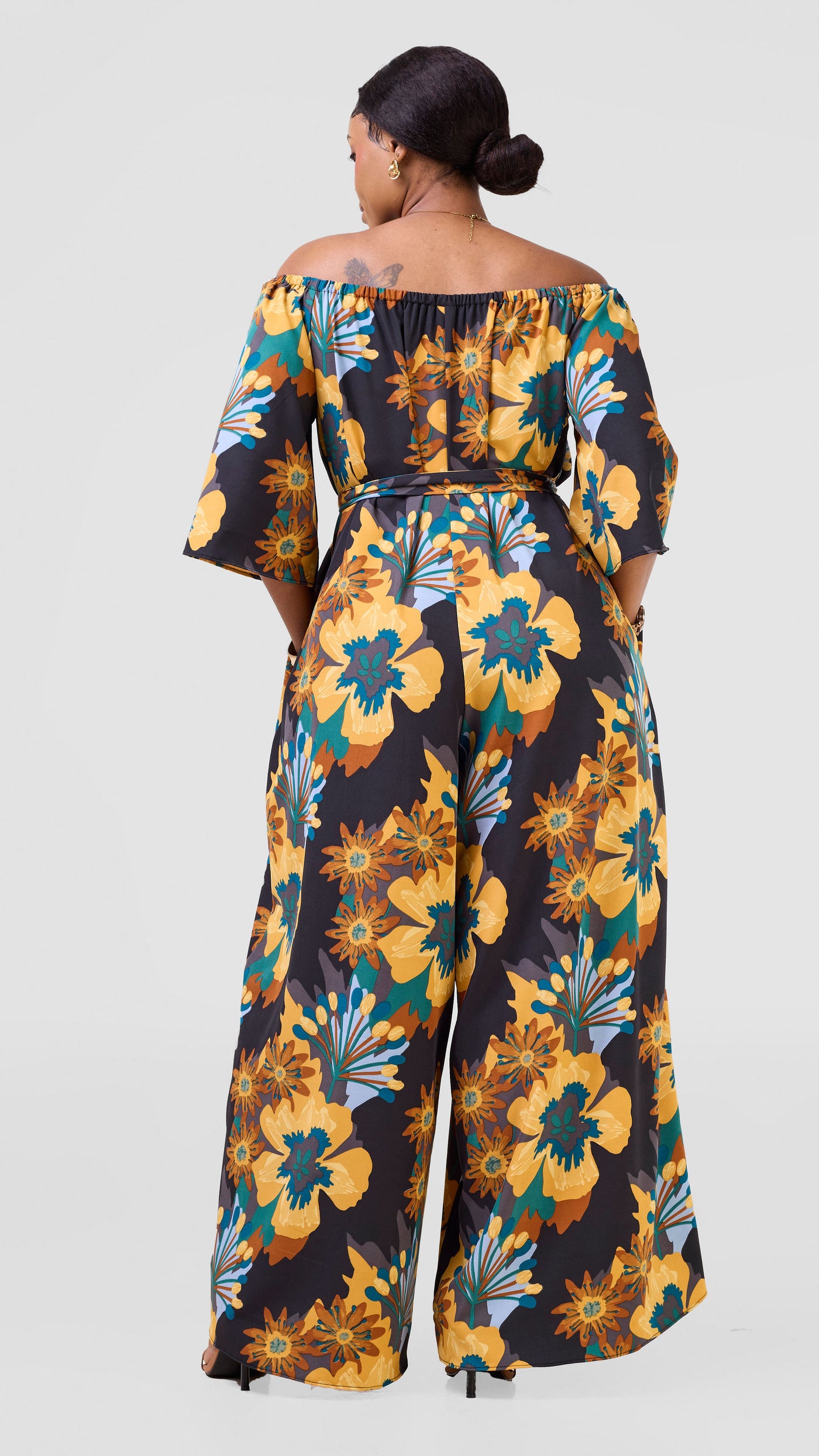 Vivo Zahari 3/4 Sleeve Off-Shoulder Jumpsuit - Teal / Mustard Print