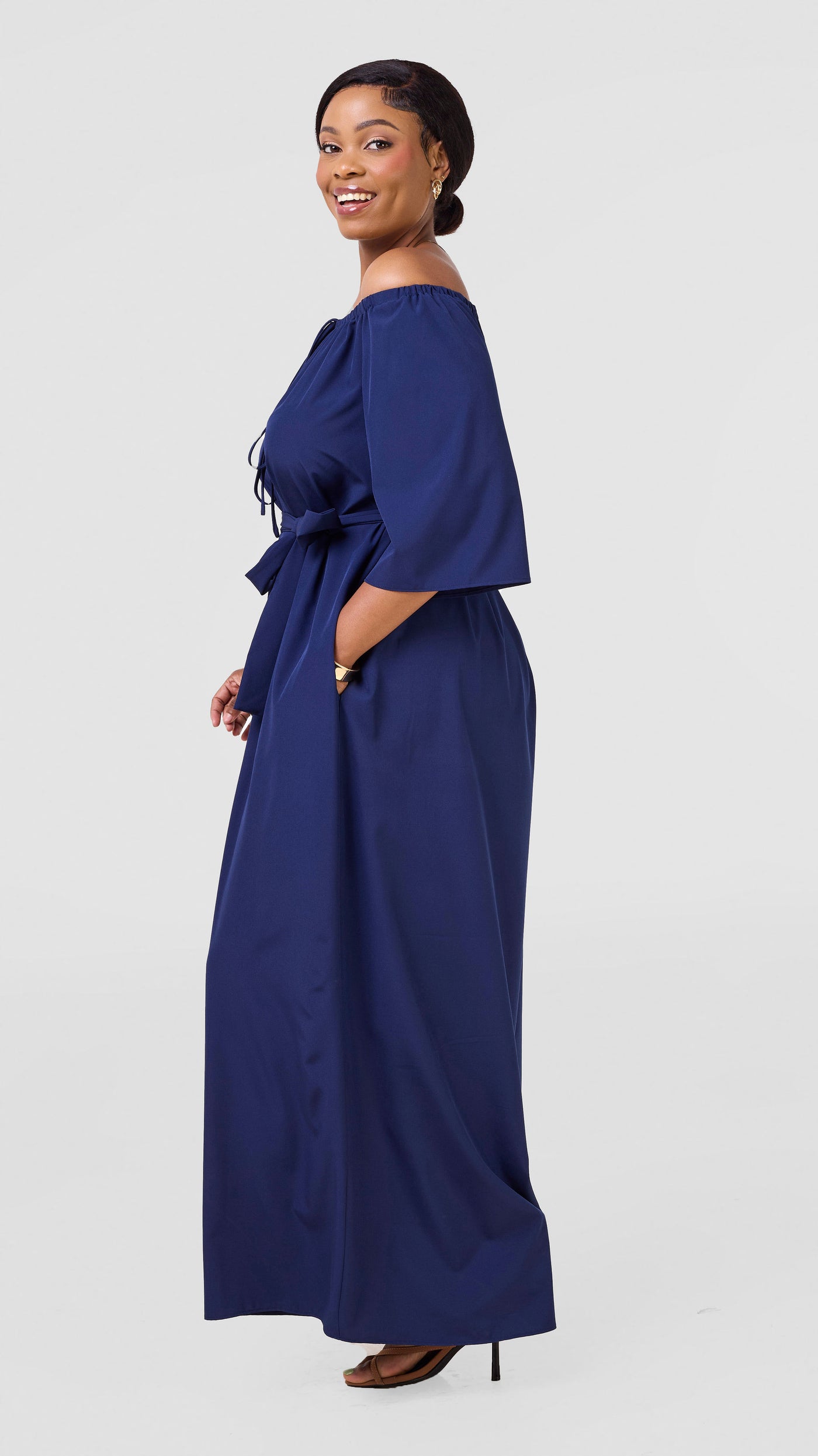 Vivo Zahari 3/4 Sleeve Off-Shoulder Jumpsuit - Navy