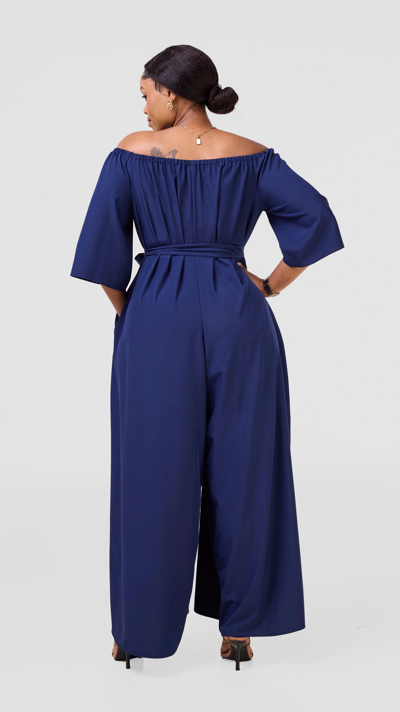 Vivo Zahari 3/4 Sleeve Off-Shoulder Jumpsuit - Navy