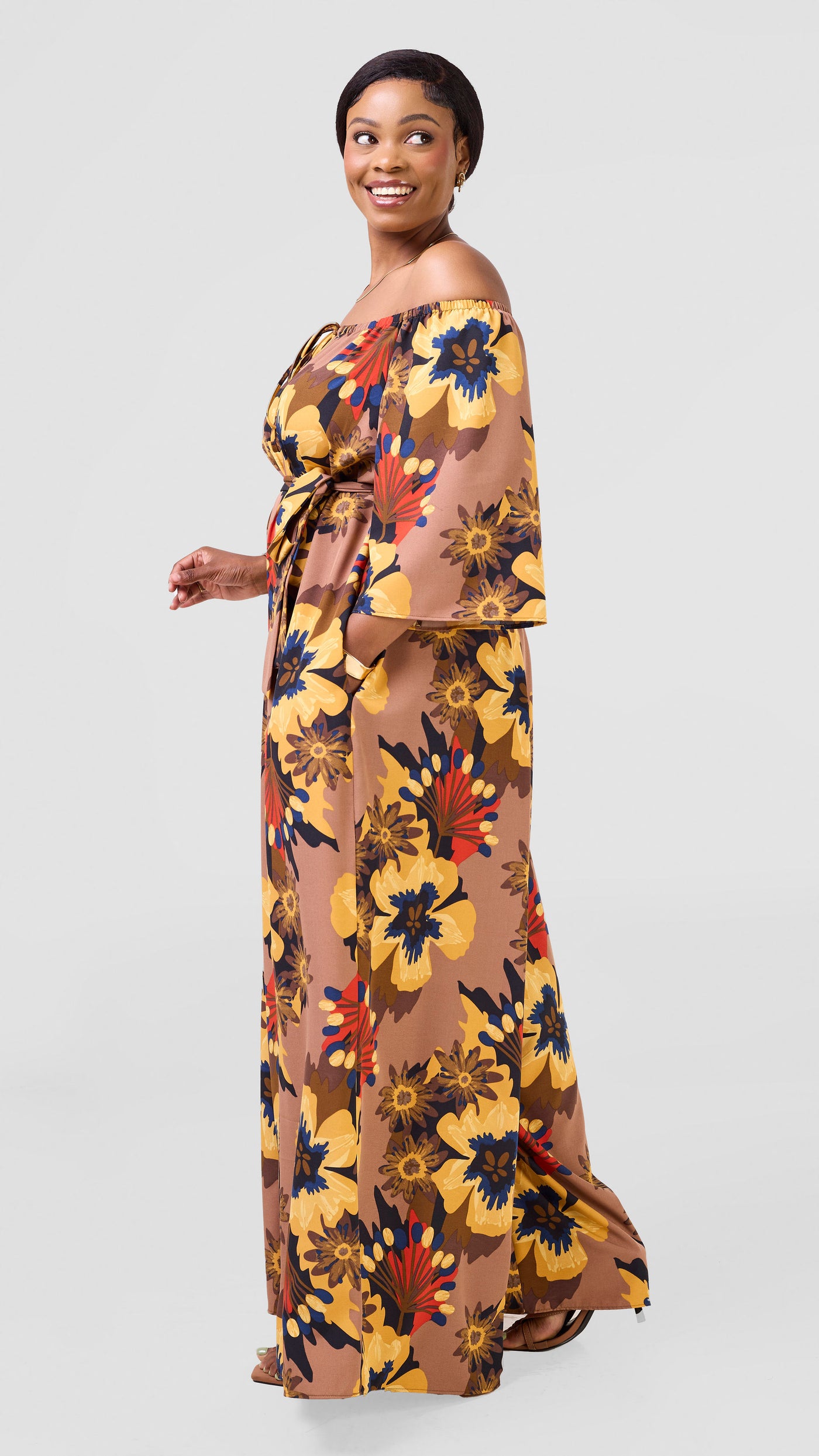 Vivo Zahari 3/4 Sleeve Off-Shoulder Jumpsuit - Brown / Dark Mustard Print