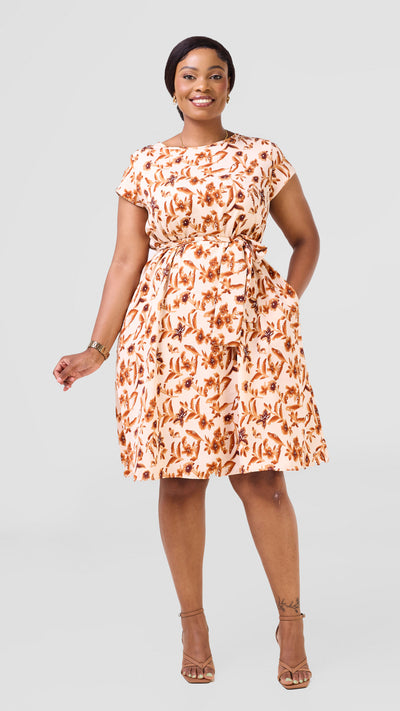 Vivo Basic Cap Sleeve Tent Knee Length Dress - Peach / Rust Print