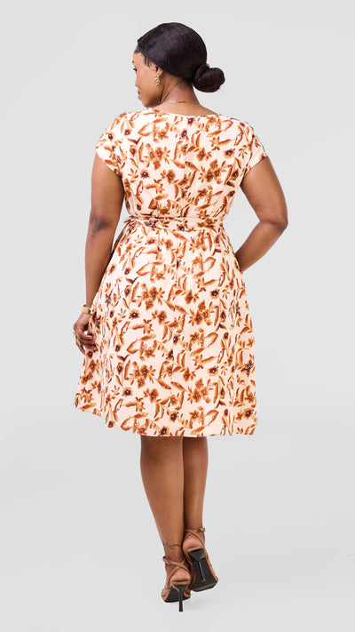Vivo Basic Cap Sleeve Tent Knee Length Dress - Peach / Rust Print