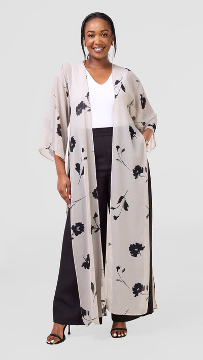 Vivo Nandi High Slit Kimono - Grey / Black Print