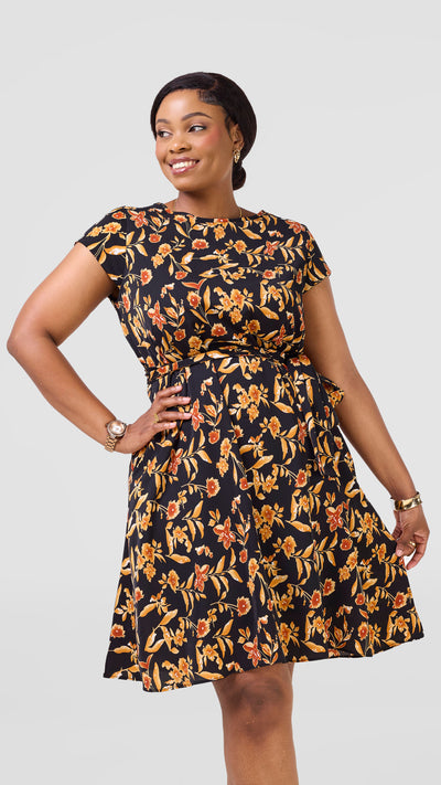 Vivo Basic Cap Sleeve Tent Knee Length Dress - Black / Gold Print
