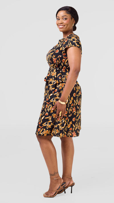 Vivo Basic Cap Sleeve Tent Knee Length Dress - Black / Gold Print