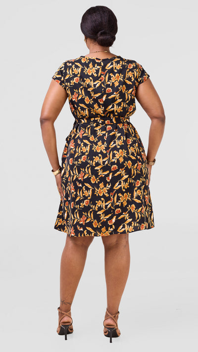 Vivo Basic Cap Sleeve Tent Knee Length Dress - Black / Gold Print