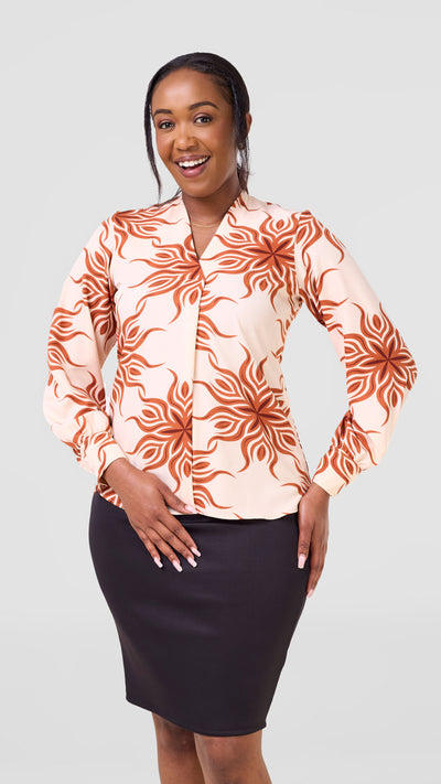 Vivo Ajani V-Neck Top - Peach / Tan Print