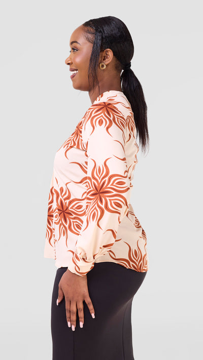 Vivo Ajani V-Neck Top - Peach / Tan Print