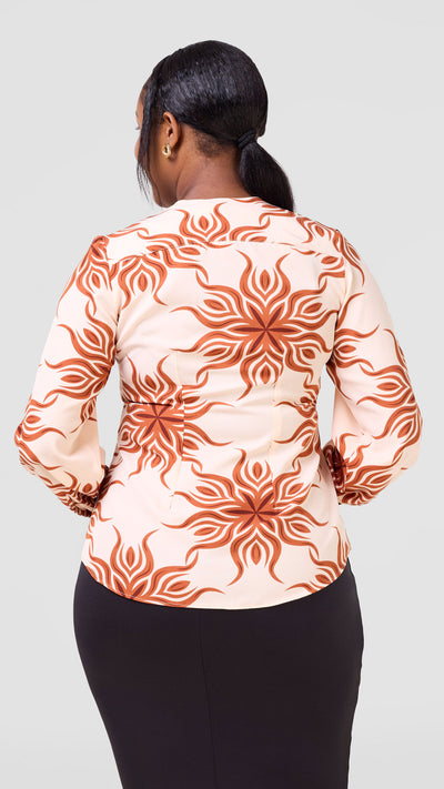 Vivo Ajani V-Neck Top - Peach / Tan Print
