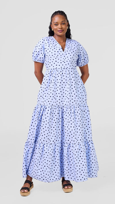 Safari Nazari Three Tiered Maxi Dress - Blue / Navy Polka Dot Print