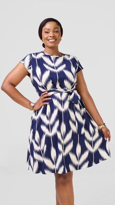 Vivo Basic Cap Sleeve Knee Length Tent Dress - Navy / Off White Print