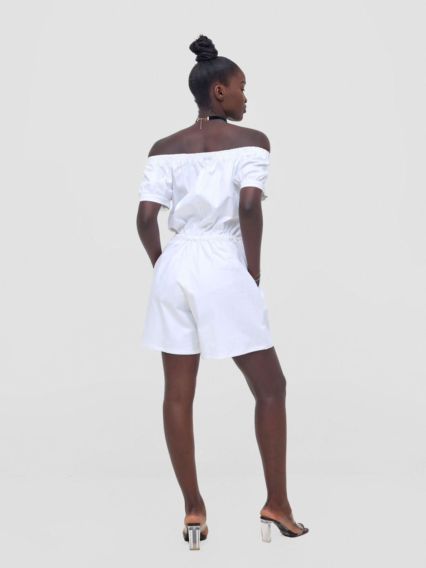 Zoya Nia Puff Sleeve Off Shoulder Romper - White - Shopzetu