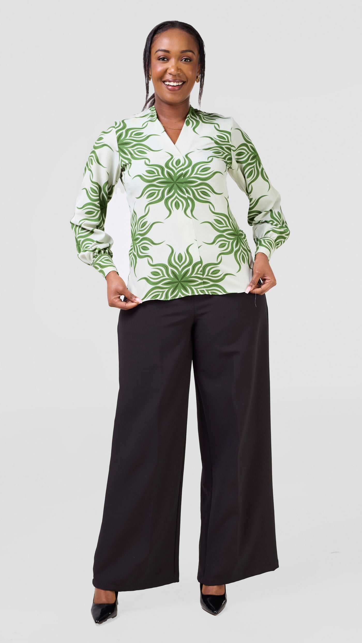 Vivo Ajani V-Neck Top - Mint / Green Print