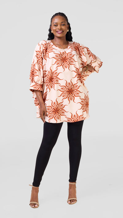 Vivo Mistari Gathered Sleeve Top - Cream / Rust Print