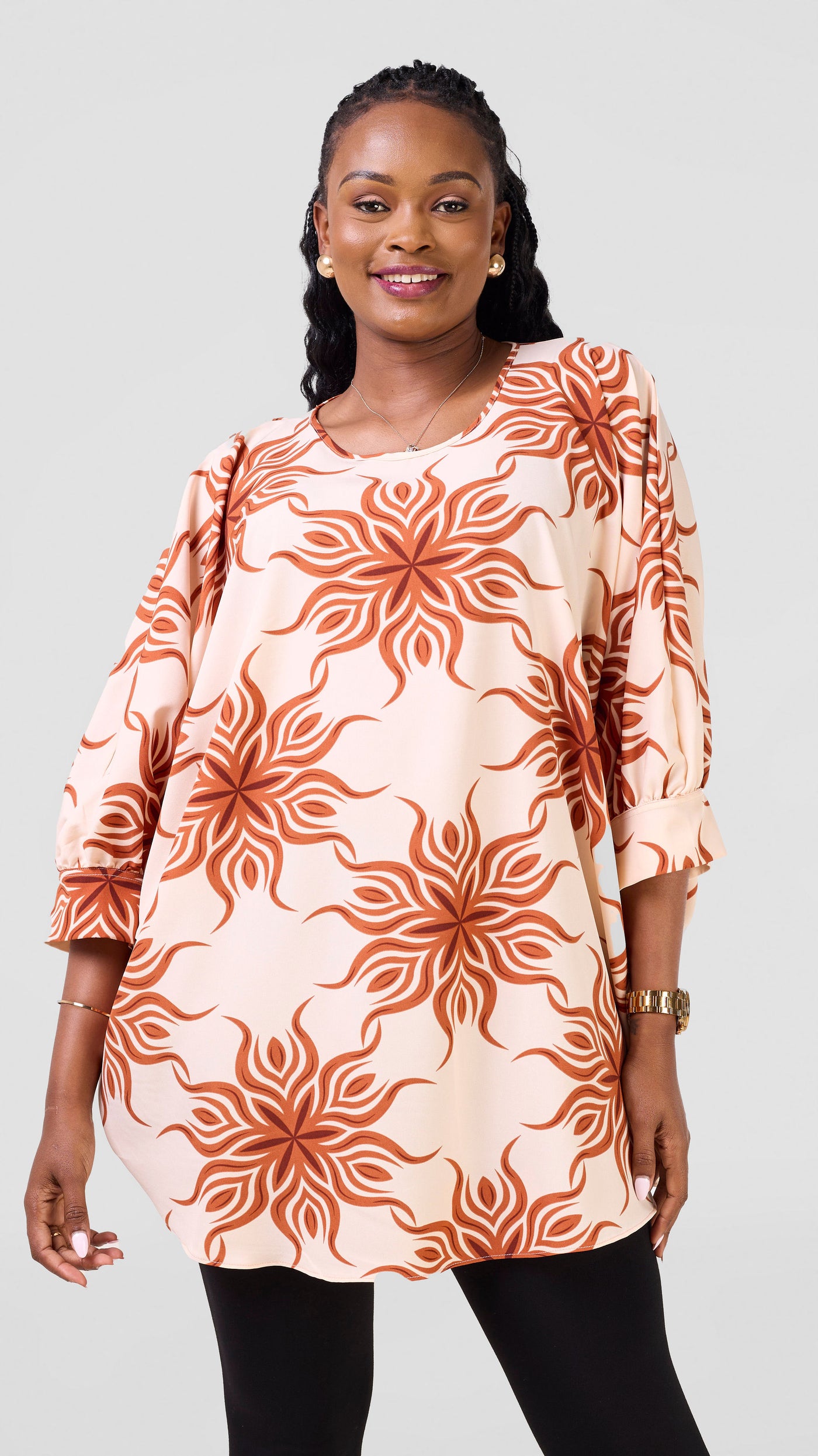 Vivo Mistari Gathered Sleeve Top - Cream / Rust Print