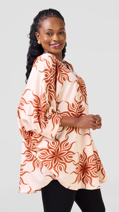 Vivo Mistari Gathered Sleeve Top - Cream / Rust Print