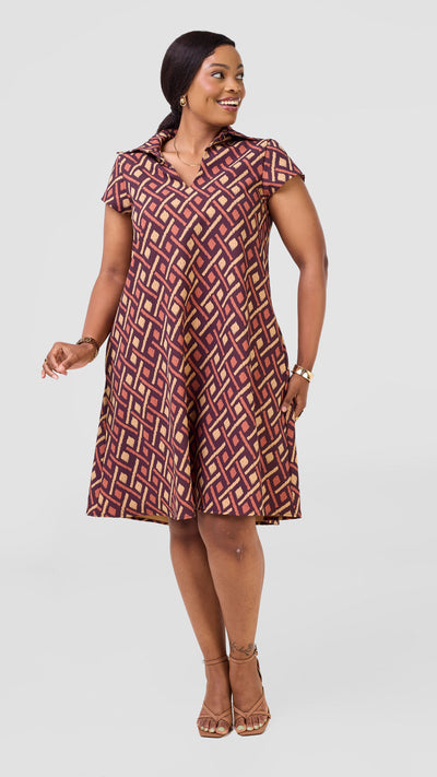 Vivo Mandla Tent Dress - Beige / Dark Burgundy Kile Print