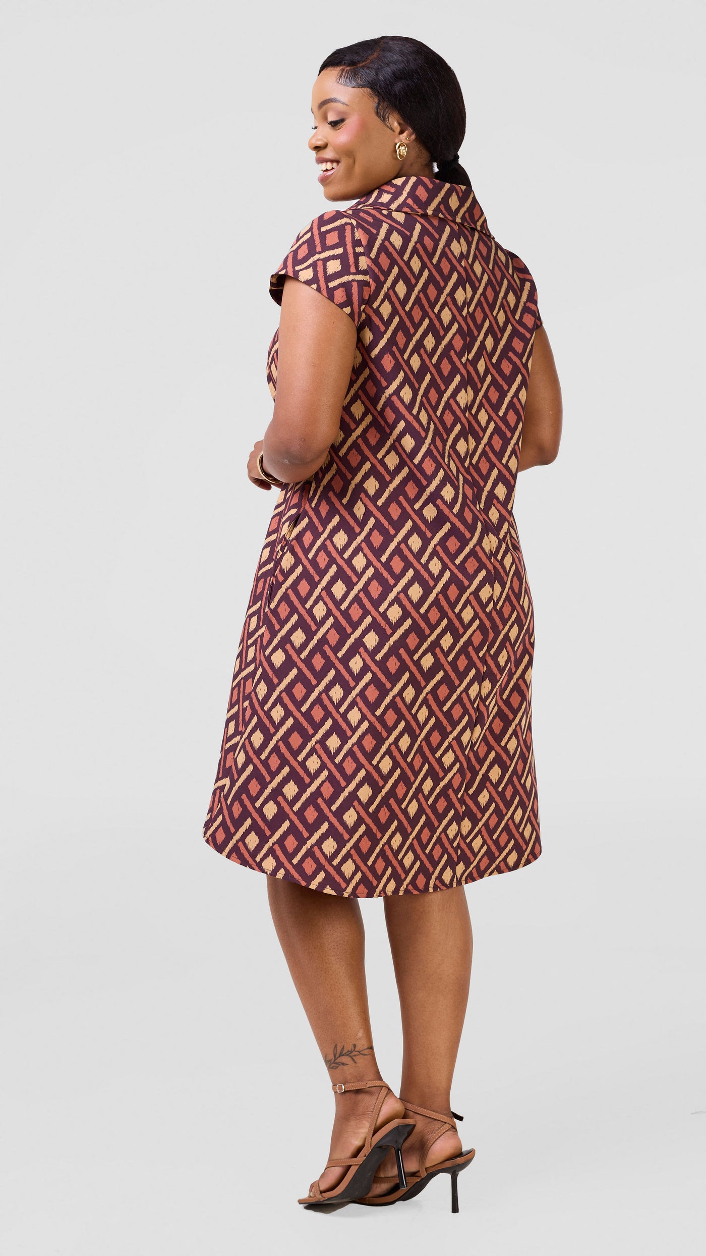 Vivo Mandla Tent Dress - Beige / Dark Burgundy Kile Print
