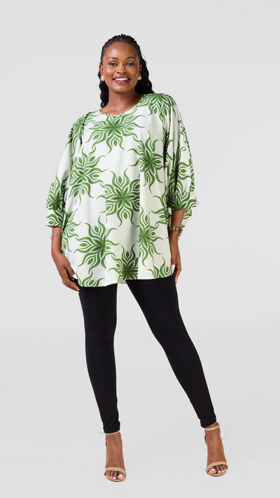 Vivo Mistari Gathered Sleeve Top - Mint / Green Print