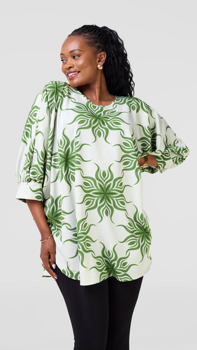 Vivo Mistari Gathered Sleeve Top - Mint / Green Print
