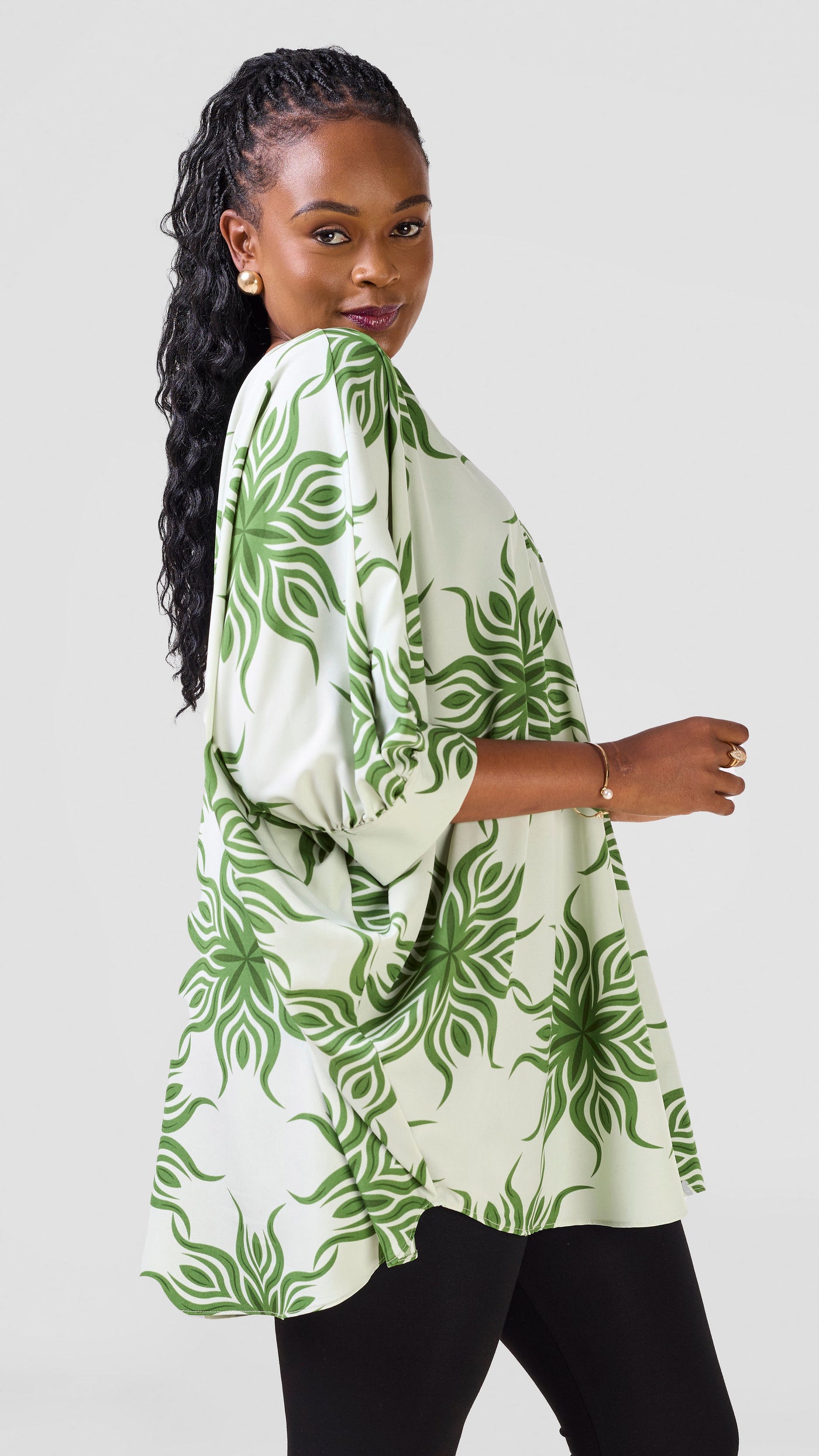 Vivo Mistari Gathered Sleeve Top - Mint / Green Print