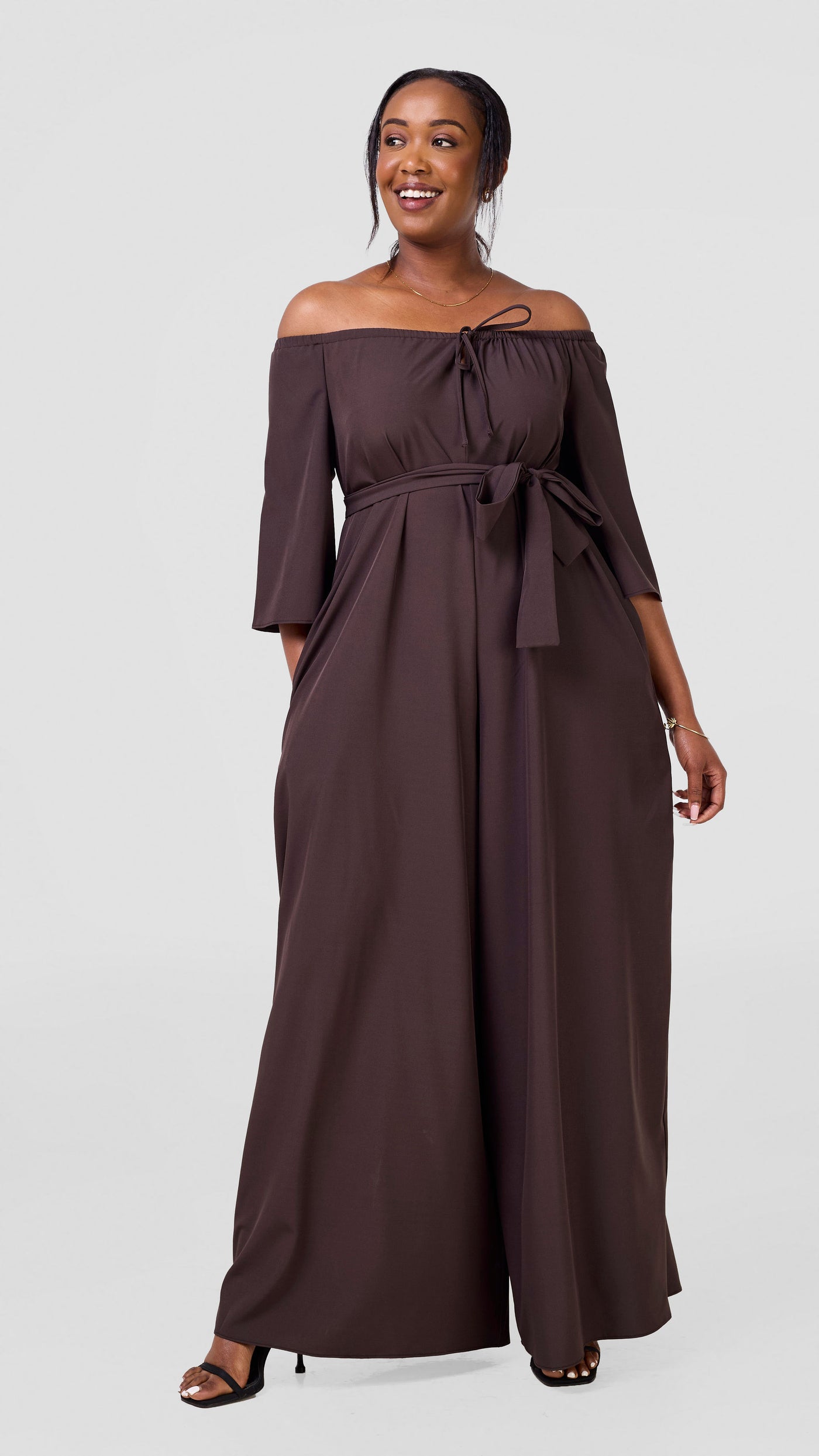 Vivo Zahari 3/4 Sleeve Off-Shoulder Jumpsuit - Chocolate