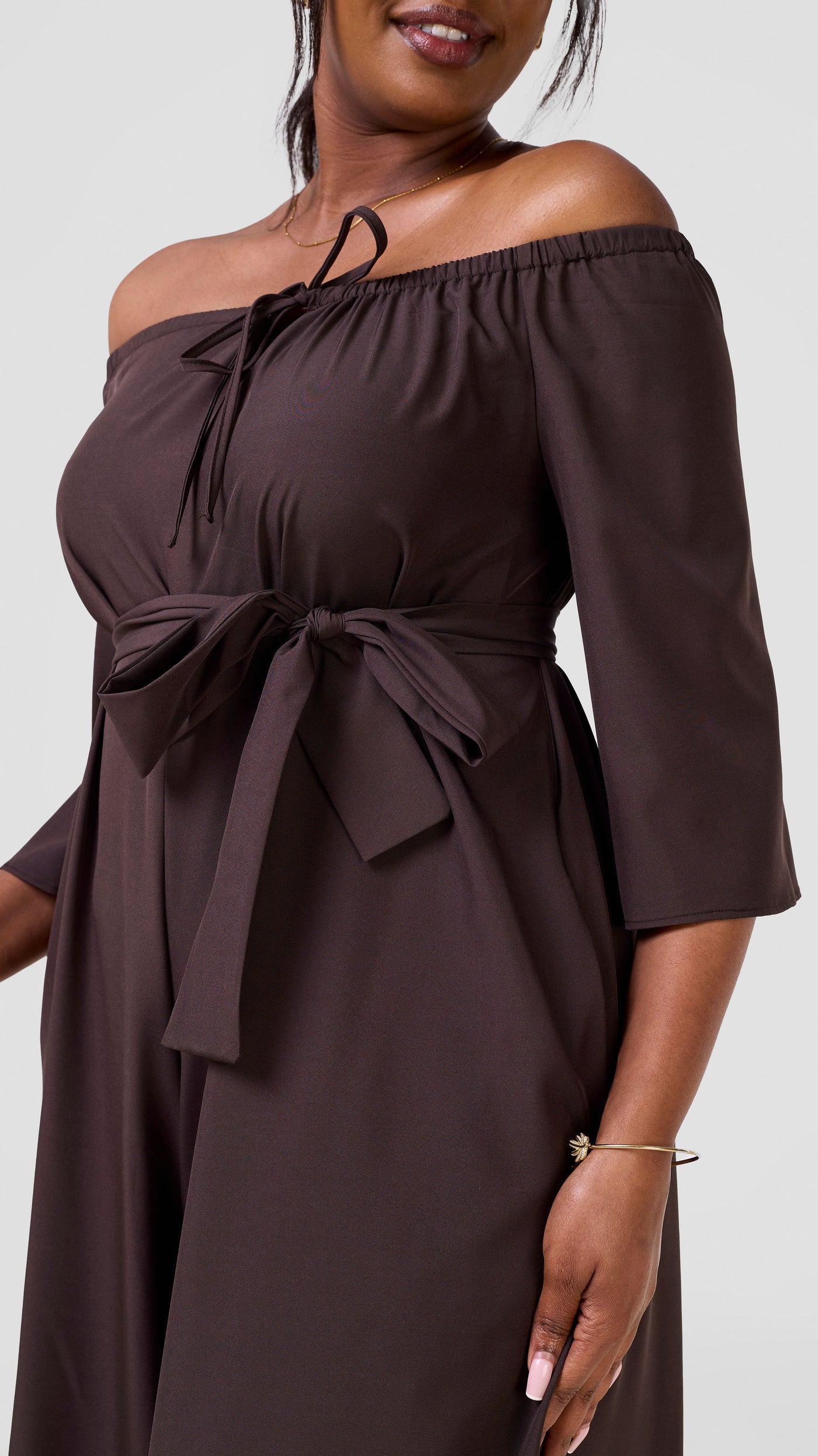 Vivo Zahari 3/4 Sleeve Off-Shoulder Jumpsuit - Chocolate