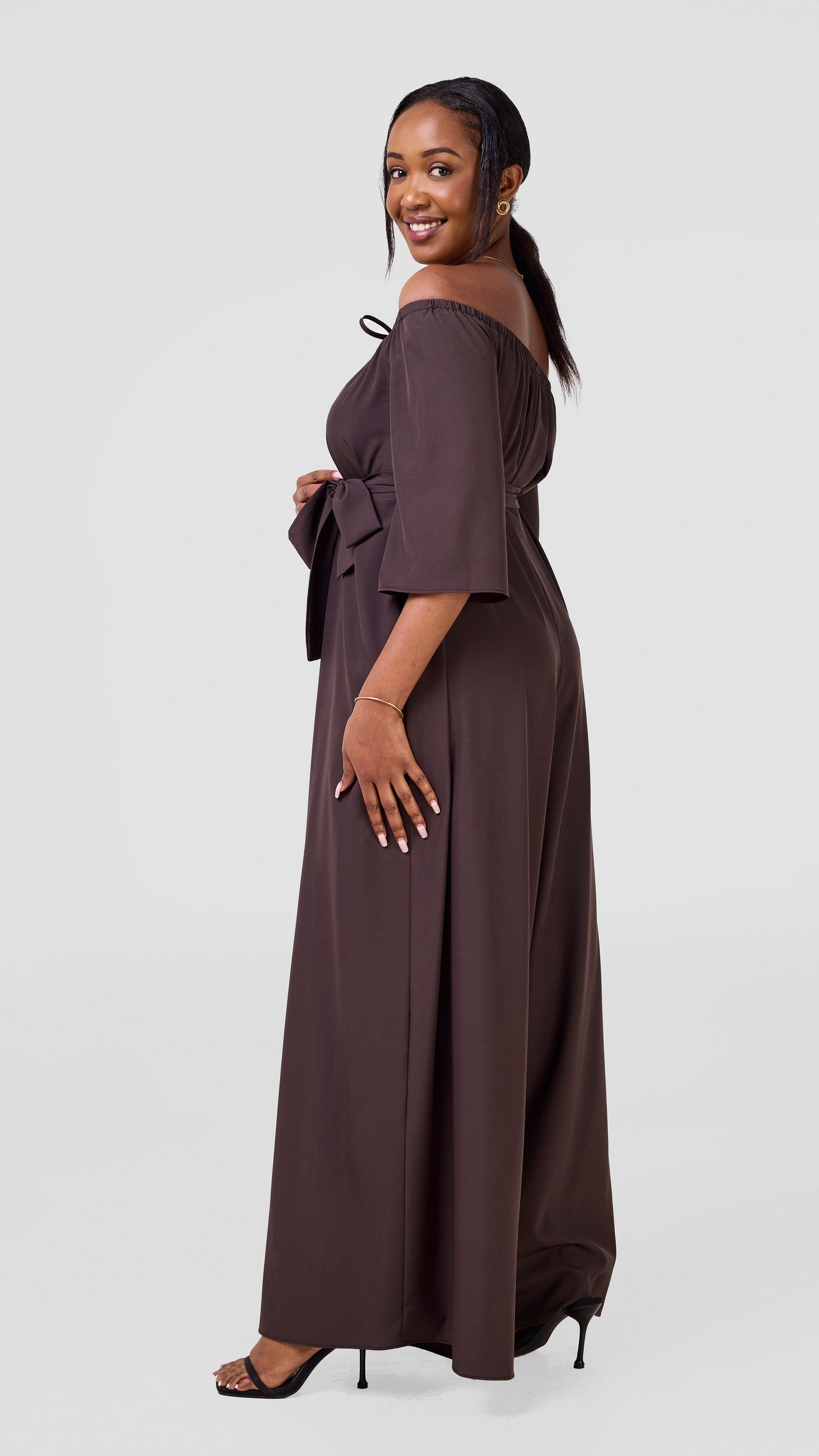 Vivo Zahari 3/4 Sleeve Off-Shoulder Jumpsuit - Chocolate