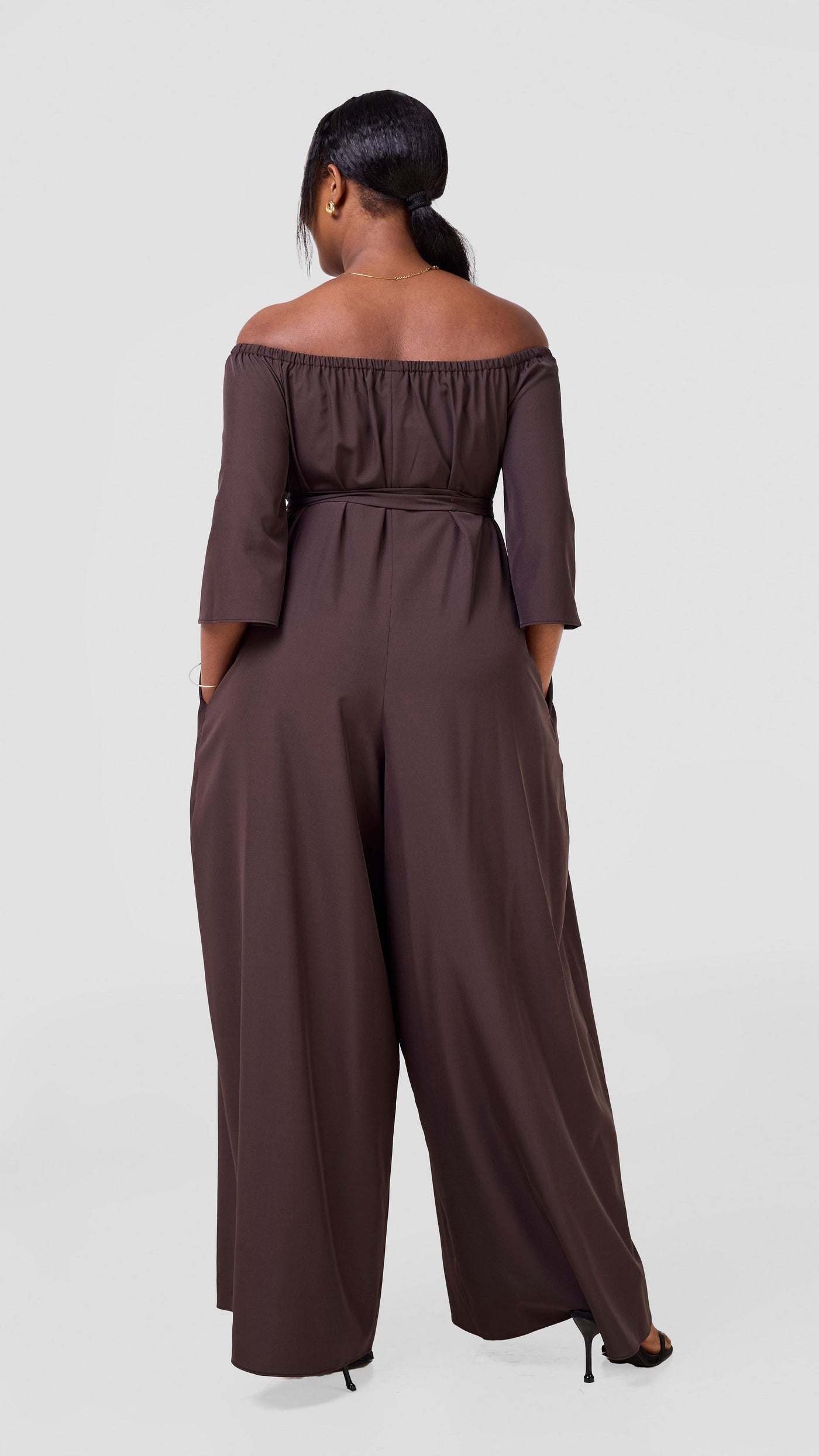 Vivo Zahari 3/4 Sleeve Off-Shoulder Jumpsuit - Chocolate