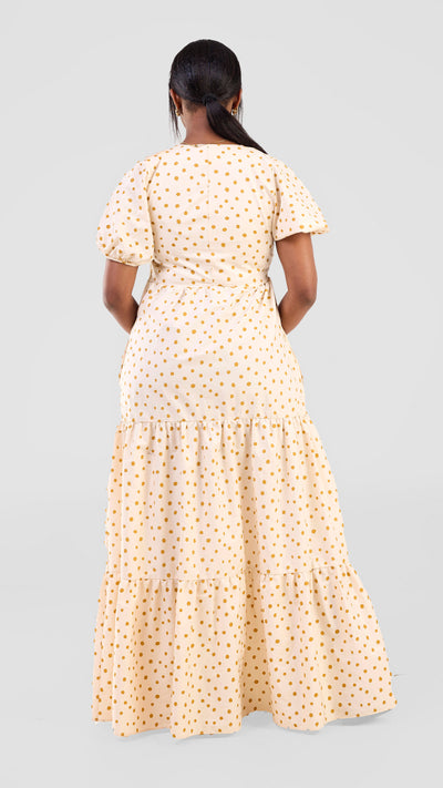 Safari Nazari Three Tiered Maxi Dress - Beige / Mustard Polka Dot Print