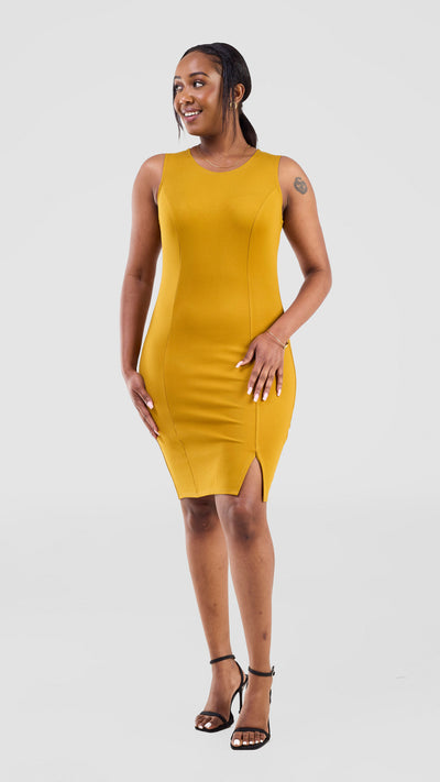 Vivo Lena Front Slit Knee Length Dress - Dark Mustasrd