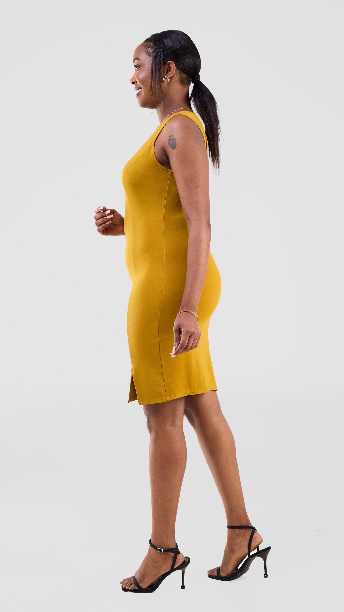 Vivo Lena Front Slit Knee Length Dress - Dark Mustasrd