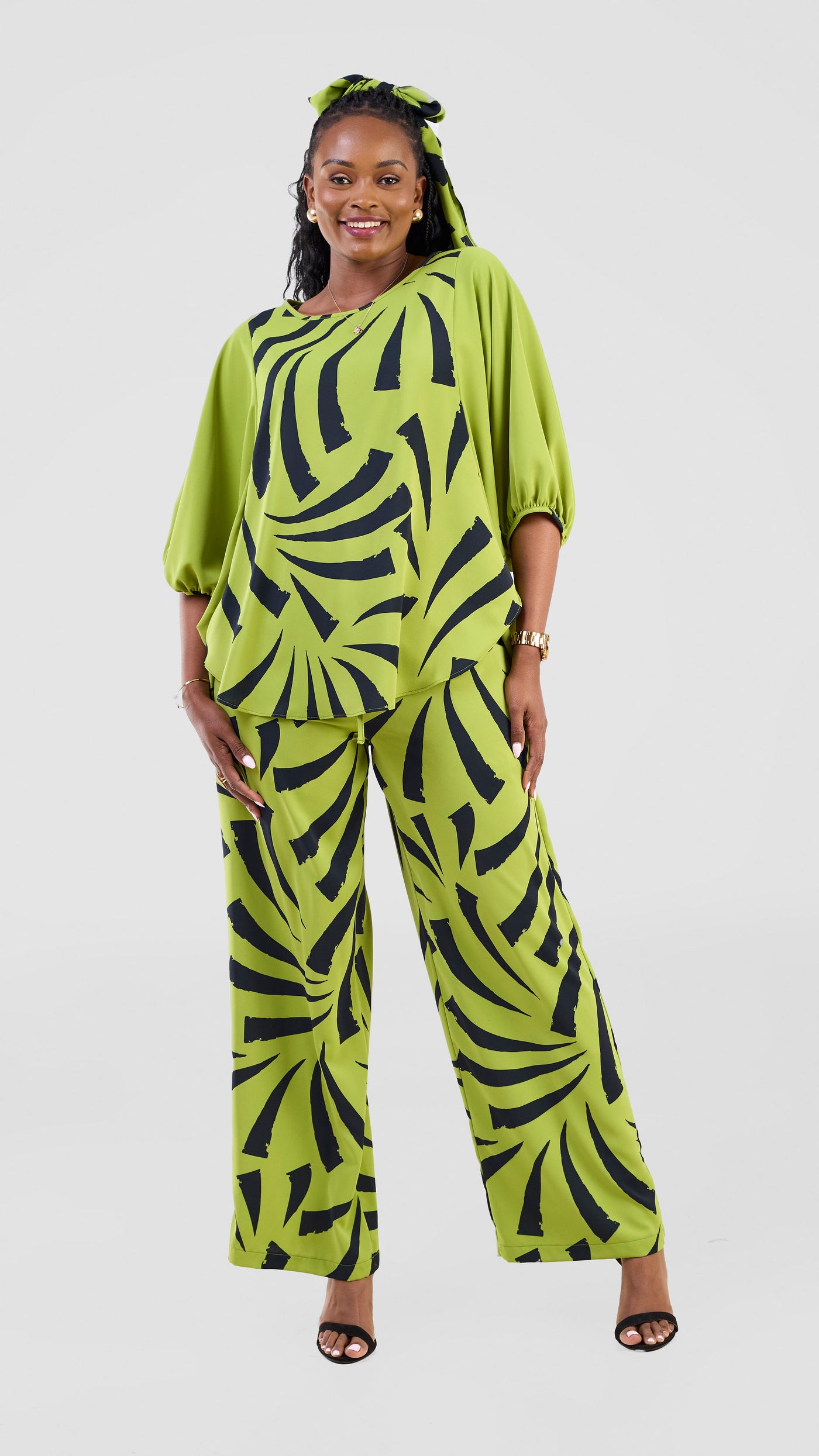 Vivo Seli Wide Leg Pants - Lime / Green Raha Print