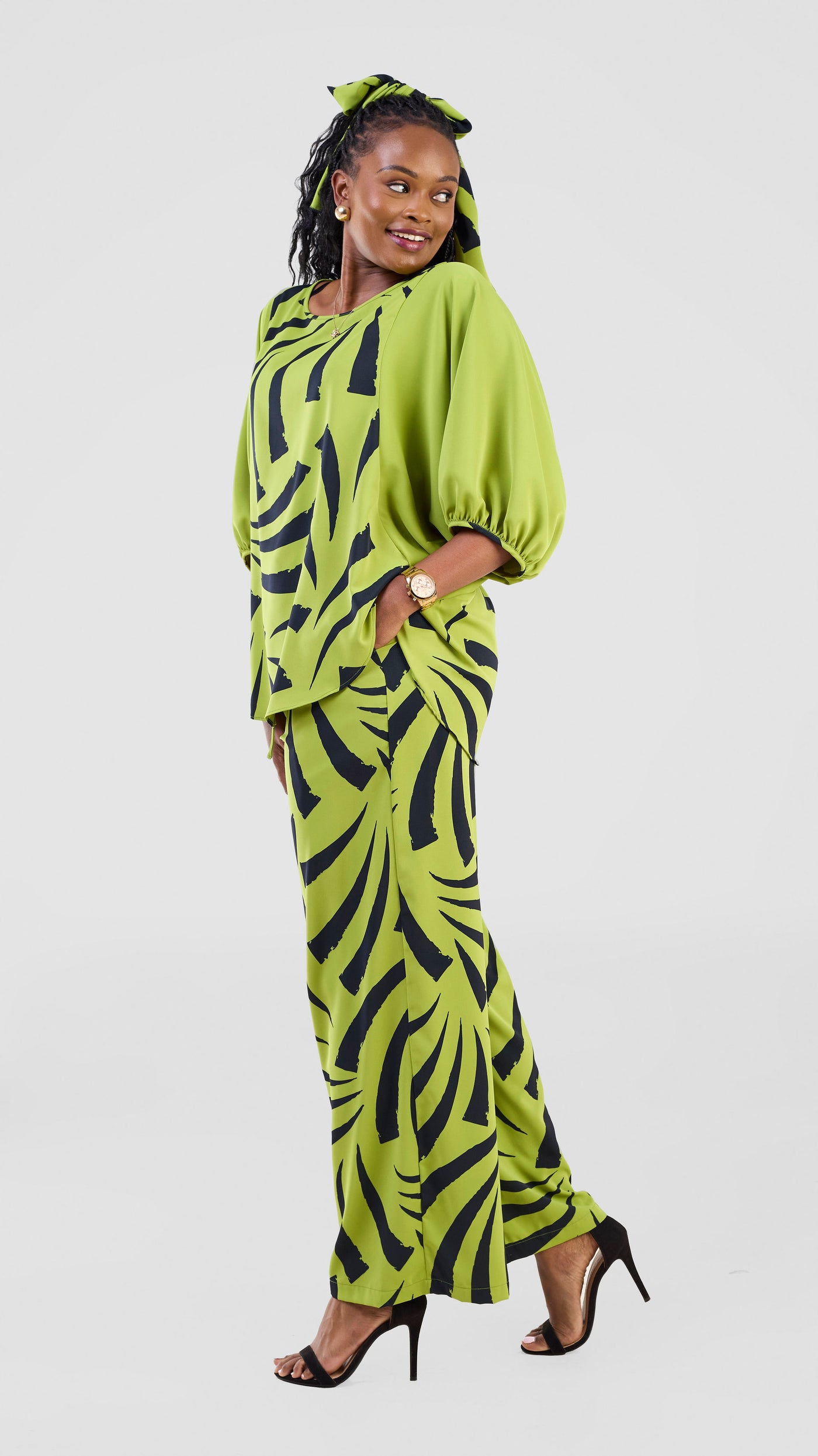 Vivo Seli Wide Leg Pants - Lime / Green Raha Print