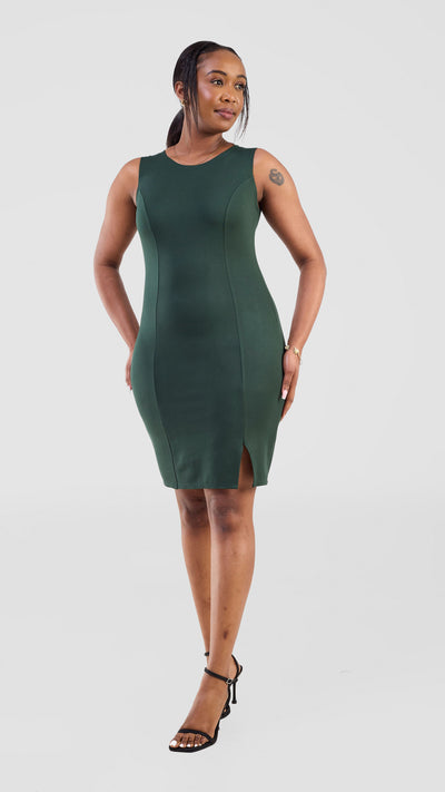 Vivo Lena Front Slit Knee Length Dress - Dark Green