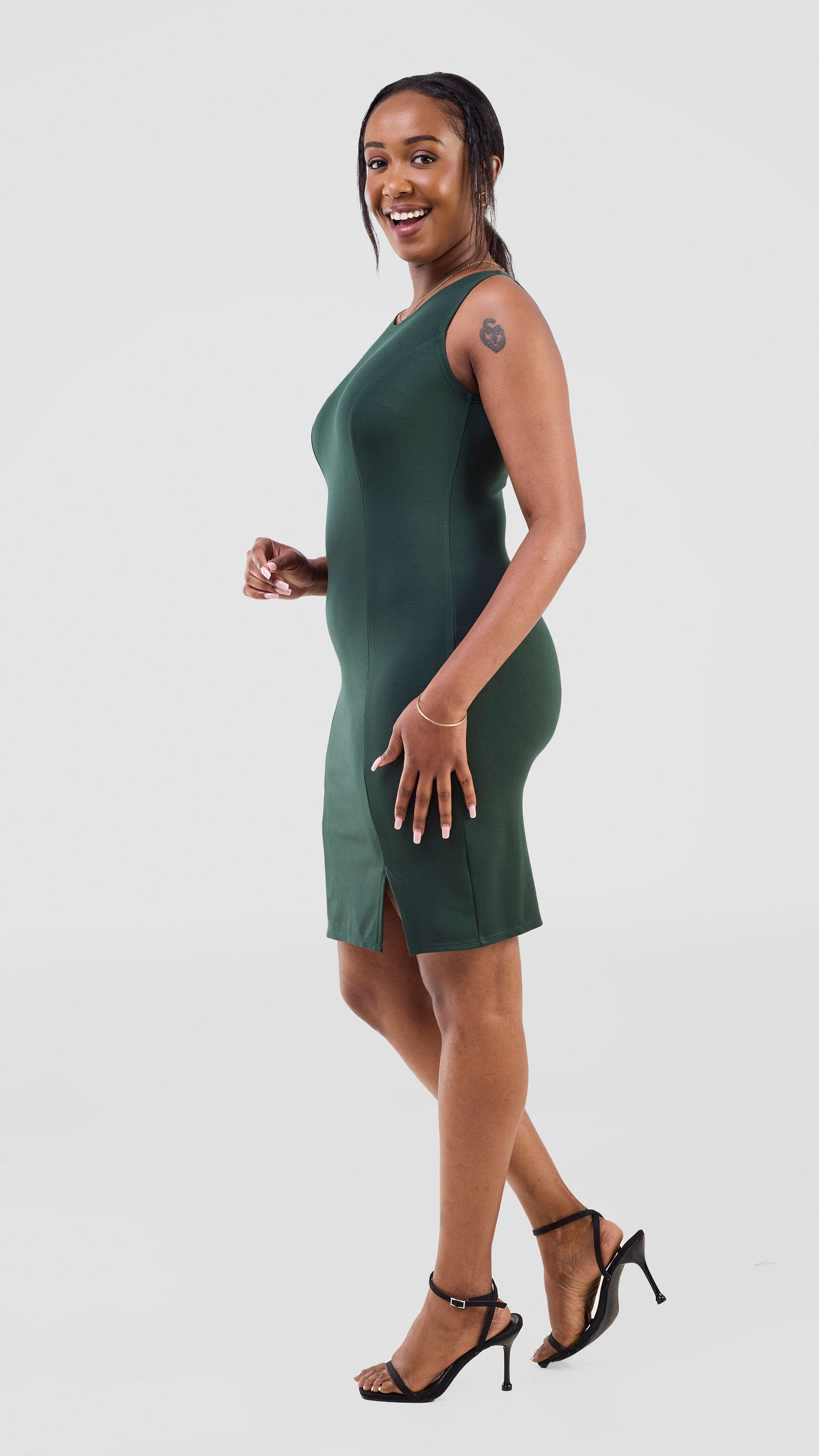 Vivo Lena Front Slit Knee Length Dress - Dark Green