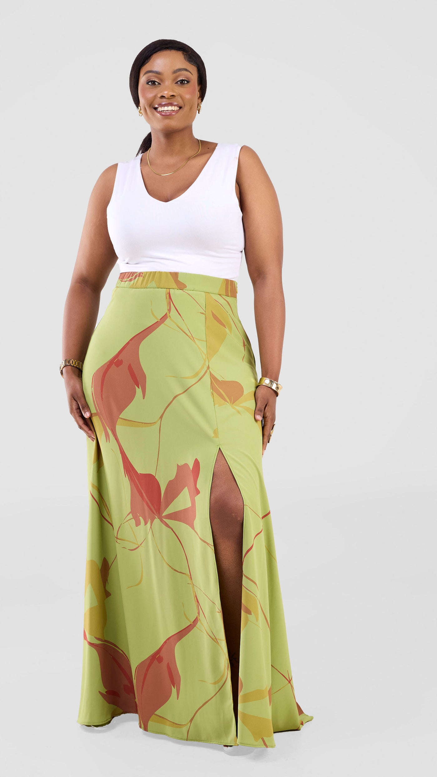 Vivo Kemi Maxi Skirt - Lime Green / Maroon Emi Print